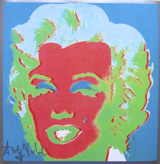ANDY WARHOL, Signed Print "Marilyn Monroe" 1982: Andy WARHOL, "Marilyn Monroe", signed Print. From a signed VIP-catalog from 1982. Hand signed by Andy Warhol in silver pen. Size: 9 x 9 in (23 x 23 cm).