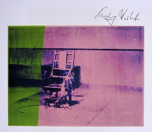Andy Warhol, signed Print, Big Electric Chair, 1986: Andy WARHOL, "Big Electric Chair" signed Print. From a signed VIP book from 1986. Hand signed by Andy Warhol in black pen. Size: 7.09 x 7.87 inches (18 x 20 cm), printed on the back.