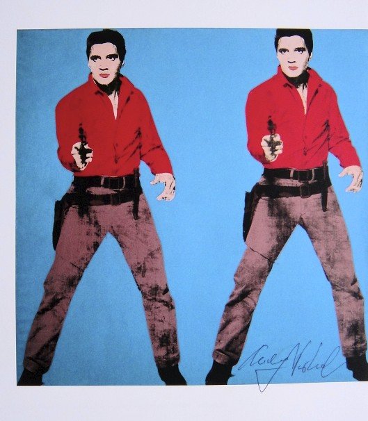 Andy Warhol, signed Print, Double Elvis, 1986: Andy WARHOL, "Double Elvis" signed Print. From a signed VIP book from 1986. Hand signed by Andy Warhol in black pen. Size: 8.66 x 7.87 inches (22 x 20 cm), printed on the back.