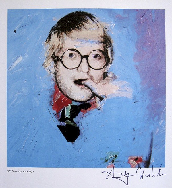 Andy Warhol, signed Print, David Hockney, 1986: Andy WARHOL, "David Hockney" signed Print. From a signed VIP book from 1986. Hand signed by Andy Warhol in black pen. With titel, page number and printed on the back. Size: 10.63 x 8.86 in (27 x 22.5 