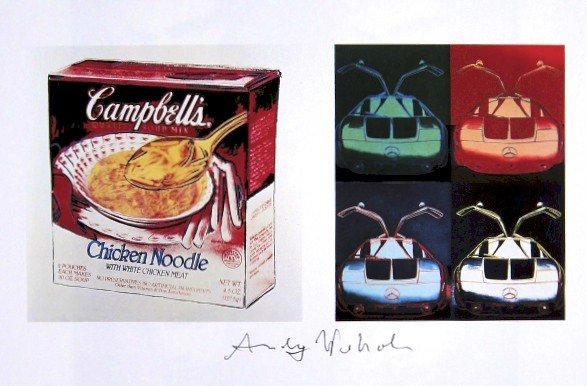 Andy Warhol, signed Print, Campbell's Soup Box ... ,: Andy WARHOL, "Campbell's Soup Box" and "Mercedes Benz Model C 111" signed Print. From a signed VIP book from 1986. Hand signed by Andy Warhol in black pen. Size: 5.51 x 8.27 inches (14 x 21 cm), print