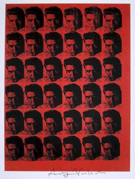 Andy Warhol, signed Print, Red Elvis, 1986: Andy WARHOL, "Red Elvis" signed Print. From a signed VIP book from 1986. Hand signed by Andy Warhol in black pen. Size: 8.66 x 6.3 inches (22 x 16 cm), printed on the back.