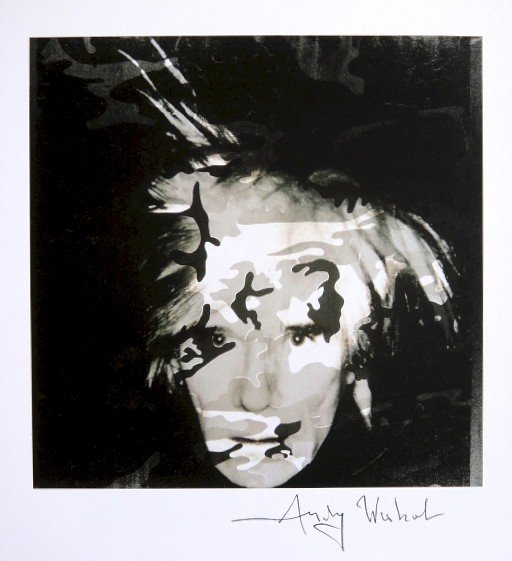 Andy Warhol, signed Print, Self-Portrait, 1986: Andy WARHOL, "Self-Portrait with Camouflage" signed Print. From a signed VIP book from 1986. Hand signed by Andy Warhol in black pen. Size: 8.27 x 7.48 inches (21 x 19 cm), printed on the back.