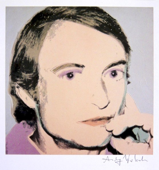 Andy Warhol, signed Print, Roy Lichtenstein, 1986: Andy WARHOL, "Roy Lichtenstein" signed Print. From a signed VIP book from 1986. Hand signed by Andy Warhol in black pen. Size: 9.84 x 8.66 inches (25 x 22 cm).