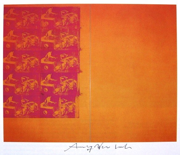 Andy Warhol, signed Print, Car Crash, 1986: Andy WARHOL, "Orange Car Crash 10 Times" signed Print. From a signed VIP book from 1986. Hand signed by Andy Warhol in black pen. Size: 6.89 x 7.87 inches (17.5 x 20 cm), printed on the back.