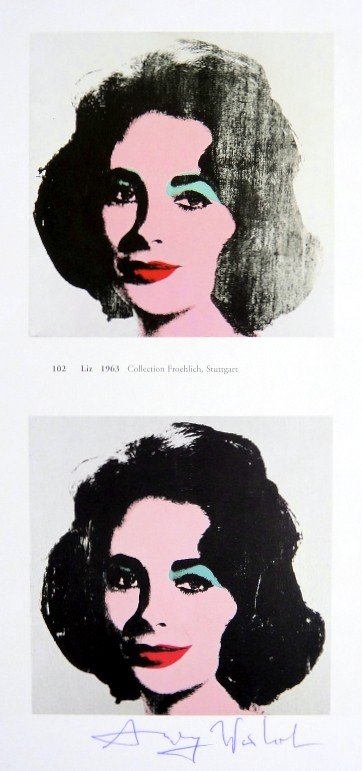 Andy Warhol, signed Print, Liz, 1986: Andy WARHOL, "Liz" signed Print. From a signed VIP book from 1986. Hand signed by Andy Warhol in blue pen. Size: 10.24 x 4.72 inches (26 x 12 cm), printed on the back.