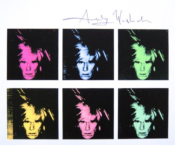 Andy Warhol, signed Print, Six Self-Portraits, 1986: Andy WARHOL, "Six Self-Portraits" signed Print. From a signed VIP book from 1986. Hand signed by Andy Warhol in black pen. Size: 6.69 x 8.66 inches (17 x 22 cm), printed on the back.
