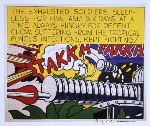 Roy LICHTENSTEIN, signed Print, TAKKA TAKKA, 1984: Roy LICHTENSTEIN, "TAKKA TAKKA" signed Print. From a signed VIP book from 1984. Hand signed by Roy Lichtenstein in black pen. Prov: Cross River Press Ltd. Size: 6.89 x 8.27 inches (17.5 x 21 cm), prin