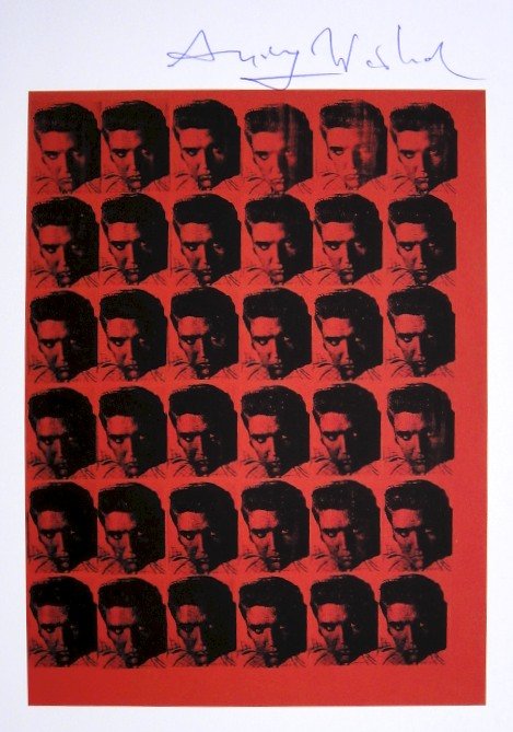 Andy Warhol, signed Print, Red Elvis, 1986: Andy WARHOL, "Red Elvis" signed Print. From a signed VIP book from 1986. Hand signed by Andy Warhol in blue pen. Size: 8.66 x 6.3 inches (22 x 16 cm).