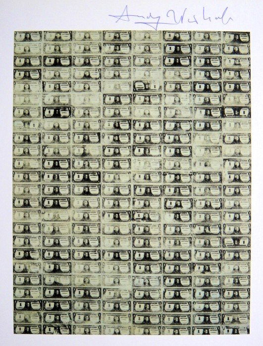 Andy Warhol, signed Print, One Dollar Bills, 1986: Andy WARHOL, "One Dollar Bills" signed Print. From a signed VIP book from 1986. Hand signed by Andy Warhol in blue pen. Size: 10.63 x 7.87 inches (27 x 20 cm), printed on the back.