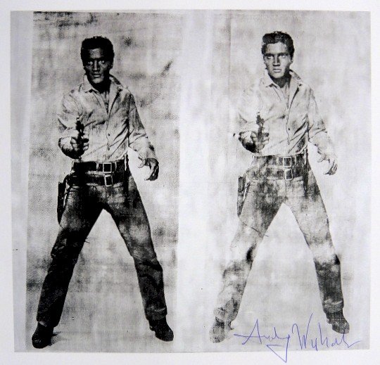 Andy Warhol, signed Print, Double Elvis, 1986: Andy WARHOL, "Double Elvis" signed Print. From a signed VIP book from 1986. Hand signed by Andy Warhol in blue pen. Size: 8.07 x 7.87 inches (20.5 x 20 cm), printed on the back.