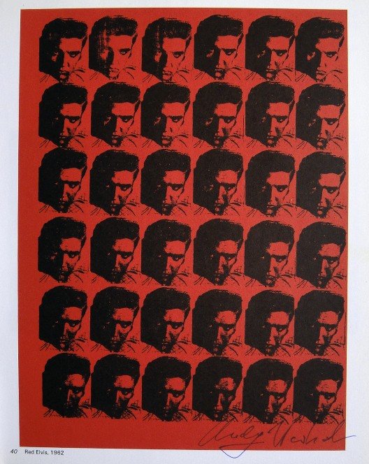 Andy Warhol, signed Print, Red Elvis, 1976: Andy WARHOL, "Red Elvis" signed Print. From a signed VIP book from 1976. Hand signed by Andy Warhol in blue pen. Small picture number and title and printed on the back. Size: 10.24 x 8.07 in (26 x 20.