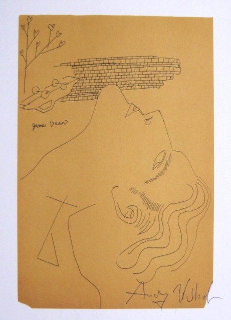 Andy Warhol, signed Print, James Dean, 1986: Andy WARHOL, "James Dean" signed Print. From a signed VIP book from 1986. Hand signed by Andy Warhol in blue pen. Size: 9.06 x 6.1 inches (23 x 15.5 cm), printed on the back.