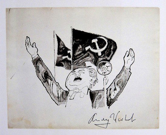 Andy Warhol, signed Print, Communist Speaker, 1986: Andy WARHOL, "Communist Speaker" signed Print. From a signed VIP book from 1986. Hand signed by Andy Warhol in black pen. Size: 6.69 x 8.27 in (17 x 21 cm), printed on the back.