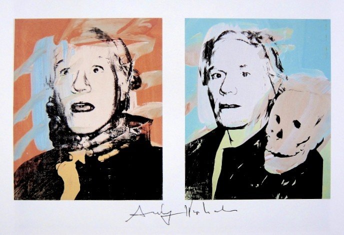 Andy Warhol, signed Print, Self-Portraits, 1986: Andy WARHOL, "Self-Portrait with Hands Around Neck" and "Self-Portrait with Skull" signed Print. From a signed VIP book from 1986. Hand signed by Andy Warhol in black pen. Size: 6.3 x 8.66 inches (16