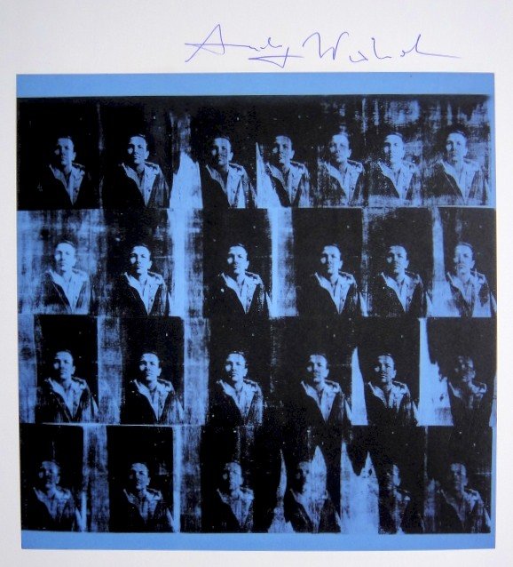 Andy Warhol, signed Print, Texan - Robert Rauschenberg,: Andy WARHOL, "Texan - Portrait Robert Rauschenberg" signed Print. From a signed VIP book from 1986. Hand signed by Andy Warhol in blue pen. Size: 9.06 x 7.87 inches (23 x 20 cm), printed on the back.