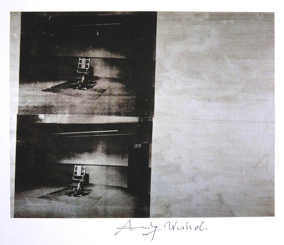 Andy Warhol, signed Print, Electric Chair, 1986: Andy WARHOL, "Electric Chair" signed Print. From a signed VIP book from 1986. Hand signed by Andy Warhol in black pen. Size: 7.48 x 8.27 inches (19 x 21 cm), printed on the back.