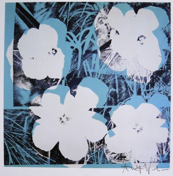Andy Warhol, signed Print, Flowers, 1986: Andy WARHOL, "Flowers" signed Print. From a signed VIP book from 1986. Hand signed by Andy Warhol in black pen. Size: 8.66 x 8.27 inches (22 x 21 cm), printed on the back.