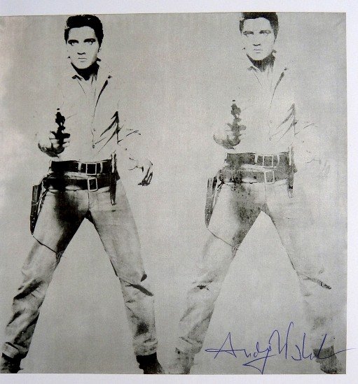 Andy Warhol, signed Print, Double Elvis, 1986: Andy WARHOL, "Double Elvis" signed Print. From a signed VIP book from 1986. Hand signed by Andy Warhol in blue pen. Size: 7.87 x 7.48 inches (20 x 19 cm).