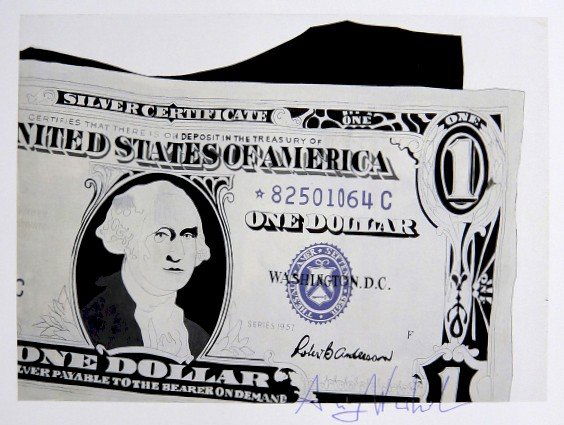 Andy Warhol, signed Print, Silver Certificate, 1986: Andy WARHOL, "Silver Certificate" signed Print. From a signed VIP book from 1986. Hand signed by Andy Warhol in blue pen. Size: 6.3 x 8.27 inches (16 x 21 cm), printed on the back.