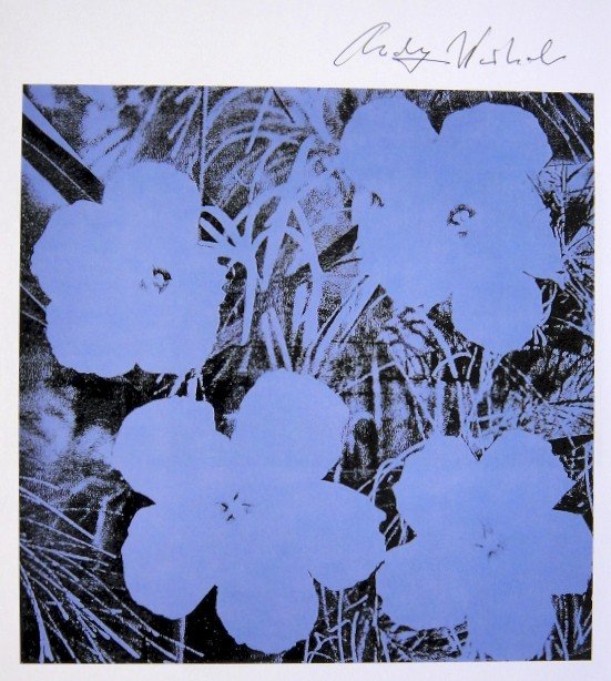 Andy Warhol, signed Print, Flowers, 1986: Andy WARHOL, "Flowers" signed Print. From a signed VIP book from 1986. Hand signed by Andy Warhol in black pen. Size: 9.06 x 7.87 inches (23 x 20 cm), printed on the back.