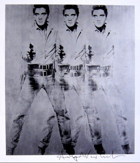 Andy Warhol, signed Print, Triple Elvis, 1986: Andy WARHOL, "Triple Elvis" signed Print. From a signed VIP book from 1986. Hand signed by Andy Warhol in black pen. Size: 8.86 x 7.09 inches (22.5 x 18 cm), printed on the back.