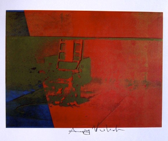 Andy Warhol, signed Print, Big Electric Chair, 1986: Andy WARHOL, "Big Electric Chair" signed Print. From a signed VIP book from 1986. Hand signed by Andy Warhol in black pen. Size: 6.5 x 8.07 inches (16.5 x 20.5 cm), printed on the back.