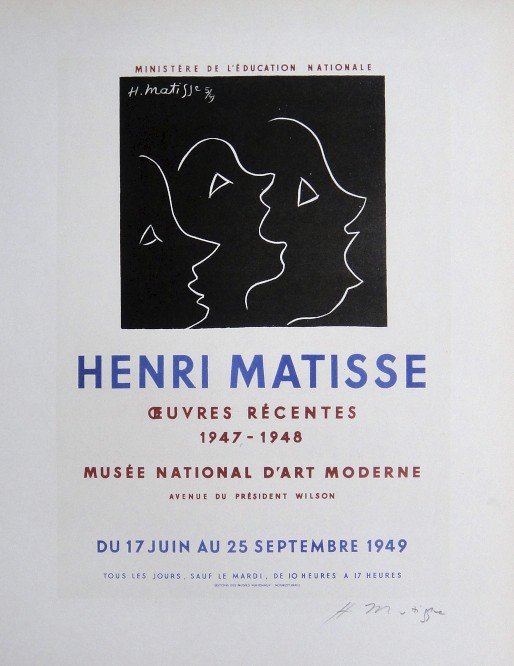Henri MATISSE Lithograph Ecole de Paris 1952: Original lithograph "Musee national d'art moderne" from a VIP folder, 1952. Hand signed by Henri Matisse in pencil. Lithograph: Fernand Mourlot, Paris. Editeur and Prov: Galerie Maeght, Paris. Size: 1