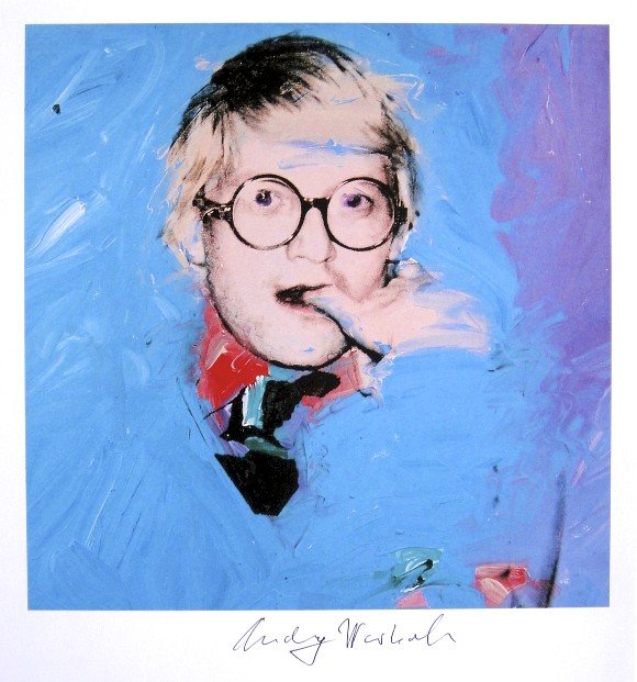 Andy Warhol, signed Print, David Hockney, 1986: Andy WARHOL, "David Hockney" signed Print. From a signed VIP book from 1986. Hand signed by Andy Warhol in black pen. Size: 9.84 x 8.66 inches (25 x 22 cm), printed on the back.