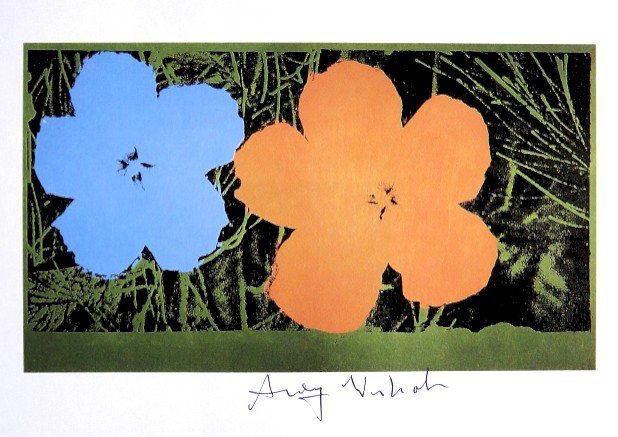Andy Warhol, signed Print, Flowers, 1986: Andy WARHOL, "Flowers" signed Print. From a signed VIP book from 1986. Hand signed by Andy Warhol in black pen. Size: 6.3 x 8.66 inches (16 x 22 cm), printed on the back.