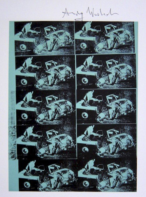 Andy Warhol, signed Print, Green Disaster, 1986: Andy WARHOL, "Green Disaster" signed Print. From a signed VIP book from 1986. Hand signed by Andy Warhol in black pen. Size: 9.84 x 7.09 inches (25 x 18 cm), printed on the back.