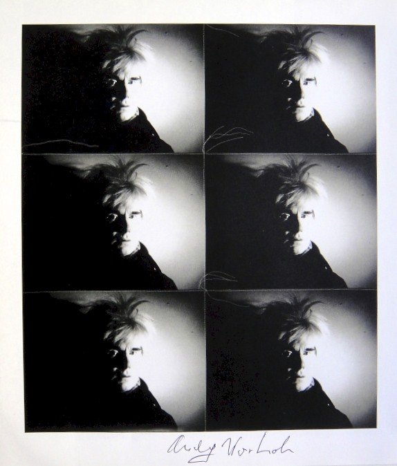 Andy Warhol, signed Print, Six Self-Portraits, 1986: Andy WARHOL, "Six Self-Portraits" signed Print. From a signed VIP book from 1986. Hand signed by Andy Warhol in black pen. Size: 10.63 x 8.66 inches (27 x 22 cm), printed on the back.