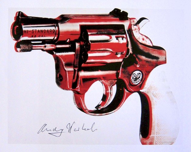 Andy Warhol, signed Print, Gun, 1986: Andy WARHOL, "Gun" signed Print. From a signed VIP book from 1986. Hand signed by Andy Warhol in black pen. Size: 6.3 x 7.87 inches (16 x 20 cm), printed on the back.