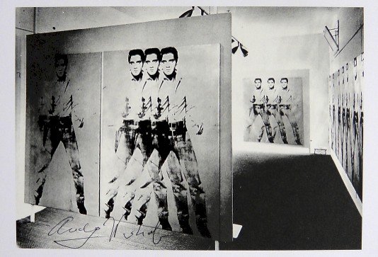 Andy Warhol, signed Print, First exhibition of Elvis,: Andy WARHOL, "First exhibition of Elvis" signed Print. From a signed VIP book from 1986. Hand signed by Andy Warhol in black pen. Size: 5.51 x 7.68 inches (14 x 19.5 cm), printed on the back.