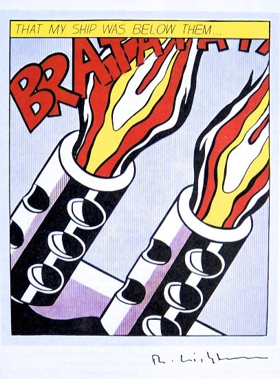 Roy LICHTENSTEIN, signed Print, BRATATAT, 1984: Roy LICHTENSTEIN, "BRATATAT" signed Print. From a signed VIP book from 1984. Hand signed by Roy Lichtenstein in black pen. Prov: Cross River Press Ltd. Size: 7.48 x 5.71 inches (19 x 14.5 cm), printed