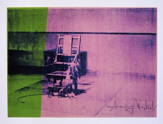 Andy Warhol, signed Print, Big Electric Chair, 1986: Andy WARHOL, "Big Electric Chair" signed Print. From a signed VIP book from 1986. Hand signed by Andy Warhol in black pen. Size: 5.91 x 7.87 inches (15 x 20 cm), printed on the back.