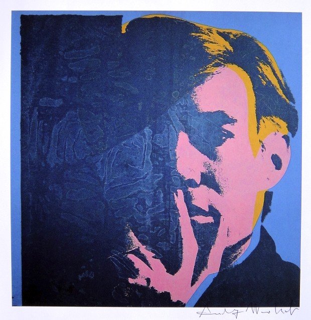 Andy Warhol, signed Print, Self-Portrait, 1986: Andy WARHOL, "Self-Portrait" signed Print. From a signed VIP book from 1986. Hand signed by Andy Warhol in black pen. Size: 8.46 x 8.07 inches (21.5 x 20.5 cm), printed on the back.