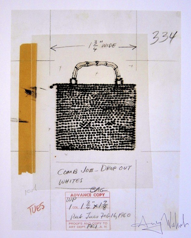 Andy Warhol, signed Print, Purse, 1986: Andy WARHOL, "Purse" signed Print. From a signed VIP book from 1986. Hand signed by Andy Warhol in black pen. Size: 9.45 x 7.87 inches (24 x 20 cm), printed on the back.