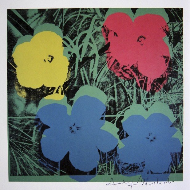 Andy Warhol, signed Print, Flowers, 1986: Andy WARHOL, "Flowers" signed Print. From a signed VIP book from 1986. Hand signed by Andy Warhol in black pen. Size: 8.27 x 8.27 inches (21 x 21 cm), printed on the back.
