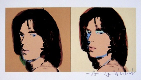 Andy Warhol, signed Print, Mick Jagger, 1986: Andy WARHOL, "Mick Jagger" signed Print. From a signed VIP book from 1986. Hand signed by Andy Warhol in black pen. Size: 4.33 x 7.87 inches (11 x 20 cm), printed on the back