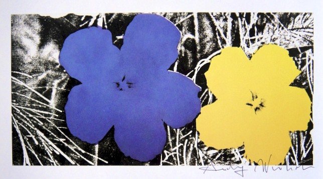Andy Warhol, signed Print, Flowers, 1986: Andy WARHOL, "Flowers" signed Print. From a signed VIP book from 1986. Hand signed by Andy Warhol in black pen. Size: 4.72 x 8.27 inches (12 x 21 cm), printed on the back.
