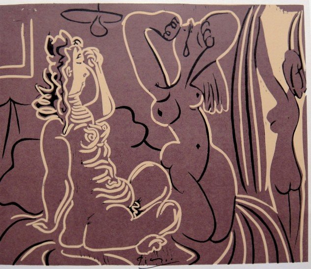 PABLO PICASSO, Hand signed Lithograph, 1971: Pablo Picasso hand signed rare Lithograph, Lithograph after Linocut. "Trois Femmes" Hand signed by Pablo Picasso in balck ink. From the signed VIP book Arnera in Vallauris, published in 1971. Size: 7.