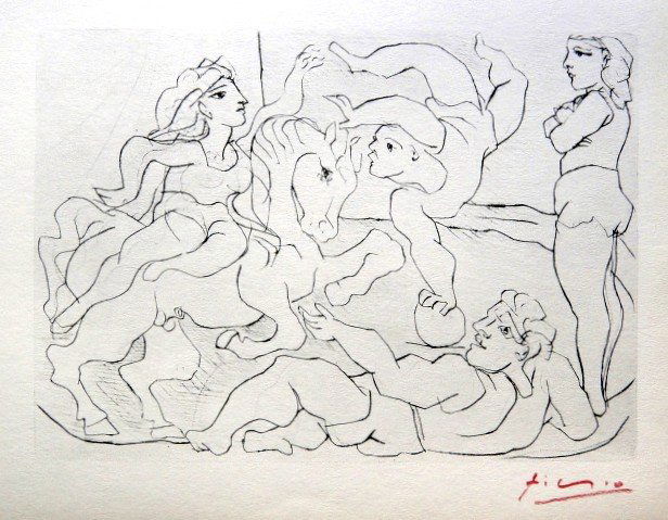 Pablo PICASSO "Suite Vollard" Lithograph 1952: Picasso Lithograph form the Suite Vollard "Le Cirque" (Bloch 205). Hand signed in red pencil by Pablo Picasso, Edition from 1952. Size: 8.2 x 11 in (20 x 27 cm).
