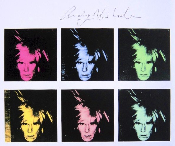 Andy Warhol, signed Print, Six Self-Portraits, 1986: Andy WARHOL, "Six Self-Portraits" signed Print. From a signed VIP book from 1986. Hand signed by Andy Warhol in black pen. Size: 7.09 x 8.27 inches (18 x 21 cm), printed on the back.