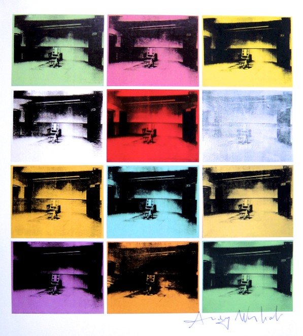 Andy Warhol, signed Print, Electric Chair, 1986: Andy WARHOL, "Electric Chair" signed Print. From a signed VIP book from 1986. Hand signed by Andy Warhol in black pen. Size: 9.45 x 8.27 inches (24 x 21 cm), printed on the back.