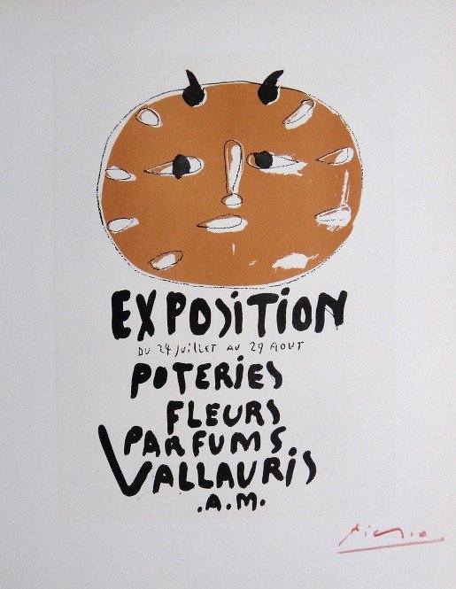 Pablo Picasso Lithograph Ecole de Paris 1958: Original lithograph "Exposition Vallauris" from a VIP folder, 1958. Hand signed by Pablo Picasso in red pencil. Lithograph: Fernand Mourlot, Paris. Editeur and Prov: Galerie Maeght, Paris. Size: 11.8 