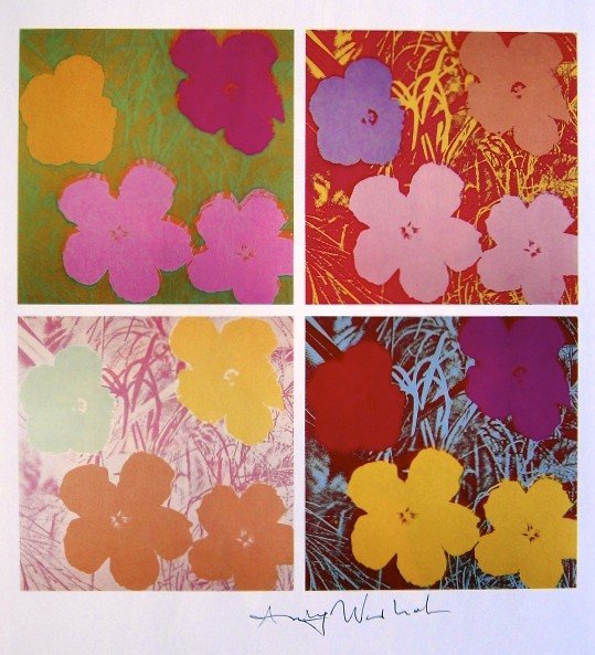 Andy Warhol, signed Print, Flowers, 1986: Andy WARHOL, "Flowers" signed Print. From a signed VIP book from 1986. Hand signed by Andy Warhol in black pen. Size: 9.06 x 8.27 inches (23 x 21 cm), printed on the back.