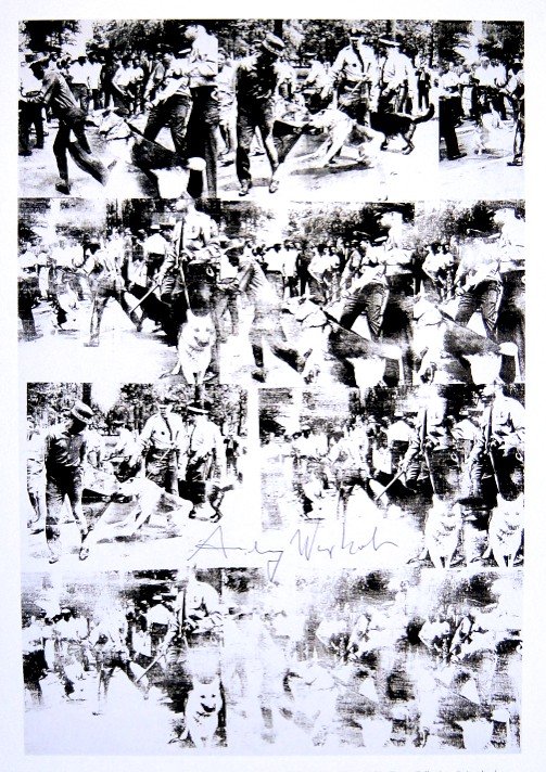 Andy Warhol, signed Print, Race Riot, 1986: Andy WARHOL, "Race Riot" signed Print. From a signed VIP book from 1986. Hand signed by Andy Warhol in black pen. Size: 10.04 x 6.89 inches (25.5 x 17.5 cm), printed on the back.
