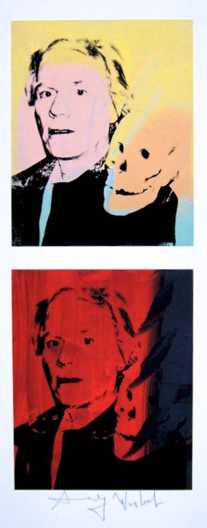 Andy Warhol, signed Print, Self-Portrait with Skull,: Andy WARHOL, "Self-Portrait with Skull" signed Print. From a signed VIP book from 1986. Hand signed by Andy Warhol in black pen. Size: 9.45 x 3.54 inches (24 x 9 cm), printed on the back.