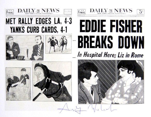 Andy Warhol, signed Print, Daily News, 1986: Andy WARHOL, "Daily News" signed Print. From a signed VIP book from 1986. Hand signed by Andy Warhol in blue pen. Size: 6.3 x 7.87 inches (16 x 20 cm), printed on the back.